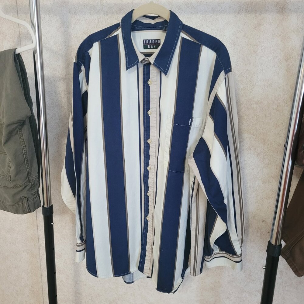 Navy Blue Striped Mens Long Sleeve Trader Bay Shirt Size XL